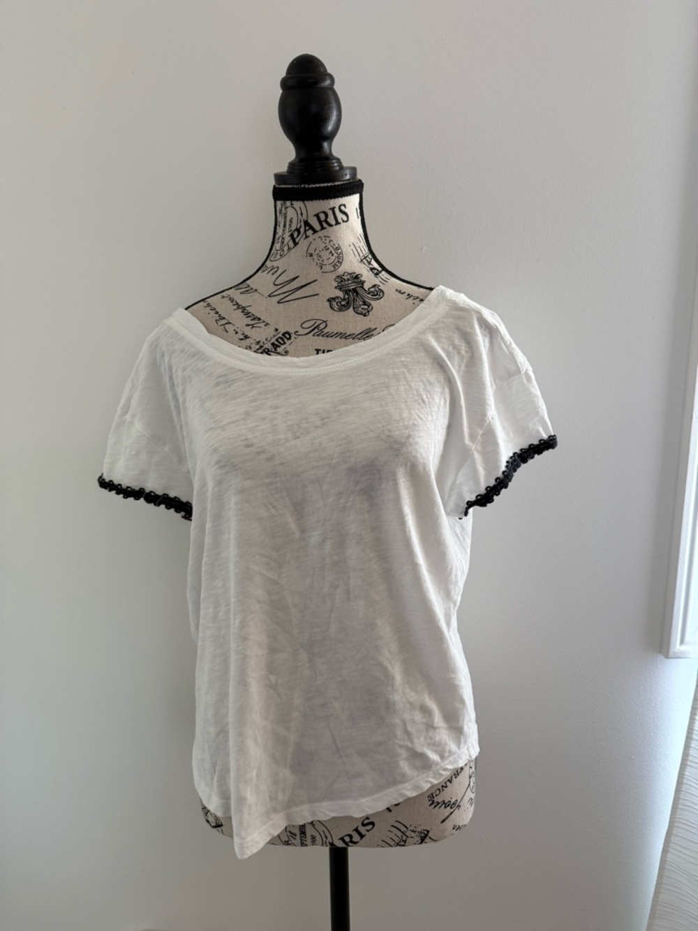 Anthropologie White Short Sleeve Tee with Lace Black Trim